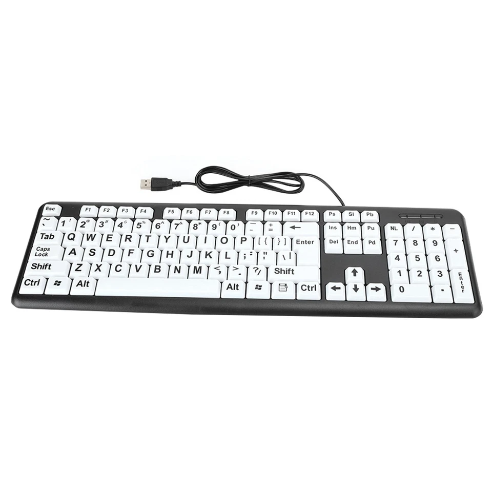 Black Low Keyboard USB Wired Old People Keyboard With White Large Print - Image 2 of 4