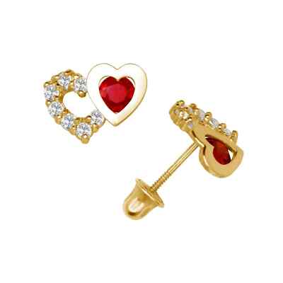 14K Solid Yellow Gold Double CZ Heart Birthstone Studs Screw Back Earrings Love