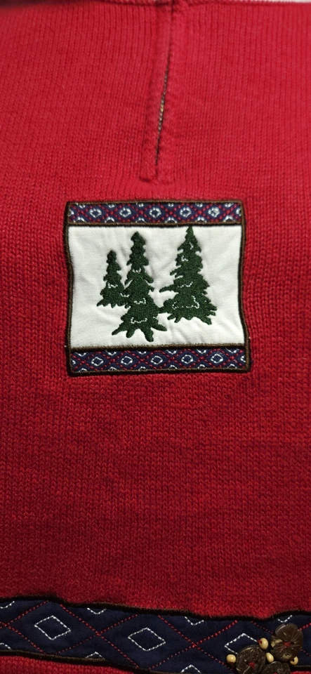 Винтажный женский свитер рождественский зимний на молнии миниатюрный большой деревья красный Breckenridge - Изображение 4 из 4