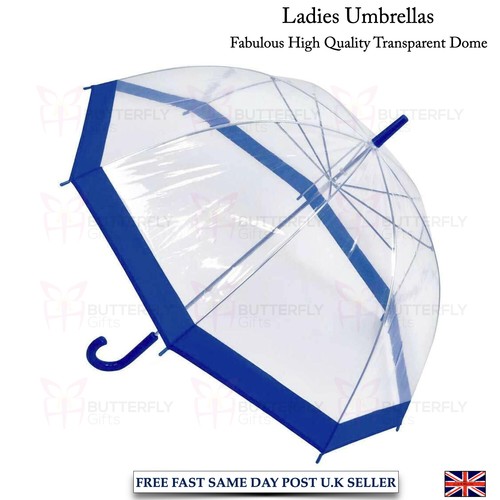 Ladies Umbrella Rain Strong Umbrella Walking Length Clear Dome Brolly Border - Picture 82 of 110