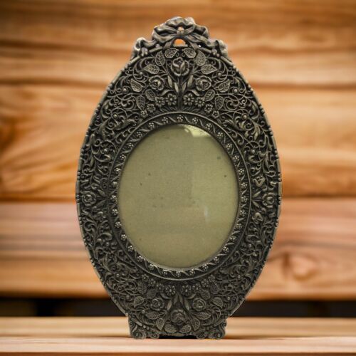 Pewter 6” x 3” Oval Floral Roses Intricate 2.5” Round Picture Frame - Picture 1 of 6