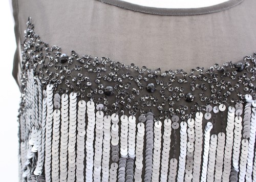 ABS Gray Silver Gunmetal Sequin Beaded Mesh Cocktail Party Dress Size 12 Flapper - Picture 5 of 9