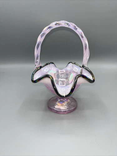 VINTAGE FENTON PLUM OPALESCENT IRIDESCENT MINIATURE BASKET, PURPLE FENTON RARE*