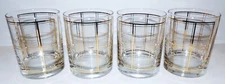 SET OF 4 GEORGES BRIARD MCM GOLD PLAID/SQUARES DOUBLE OLD-FASHIONED GLASSES