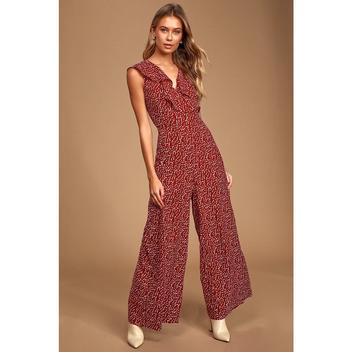 Lulus Fondest Memories Wine Red Polka Dot Sleeveless Ruffled Jumpsuit Size  Med | eBay
