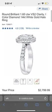 Round Brilliant 1.60 ctw VS2 Clarity, I Color Diamond 14kt White Gold Halo Ring