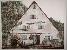 Original LITHO 19/50 handsigniert von Brigitta Heyduck "Haus im Faberforst"