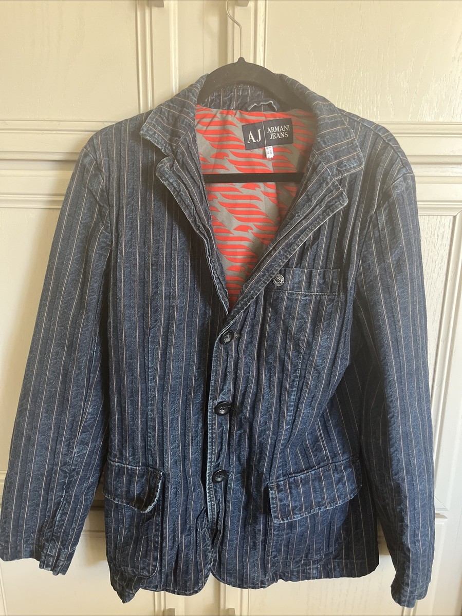 Vintage…Armani Jeans Jacket Blazer Men's Blue Logo Slim-Fit Size