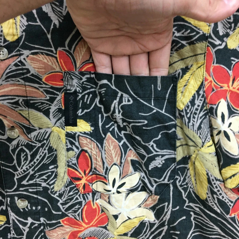 Columbia Button Up Shirt Large Adult Black Floral Hawaiian Linen Blend Aloha Men - Image 3 of 4