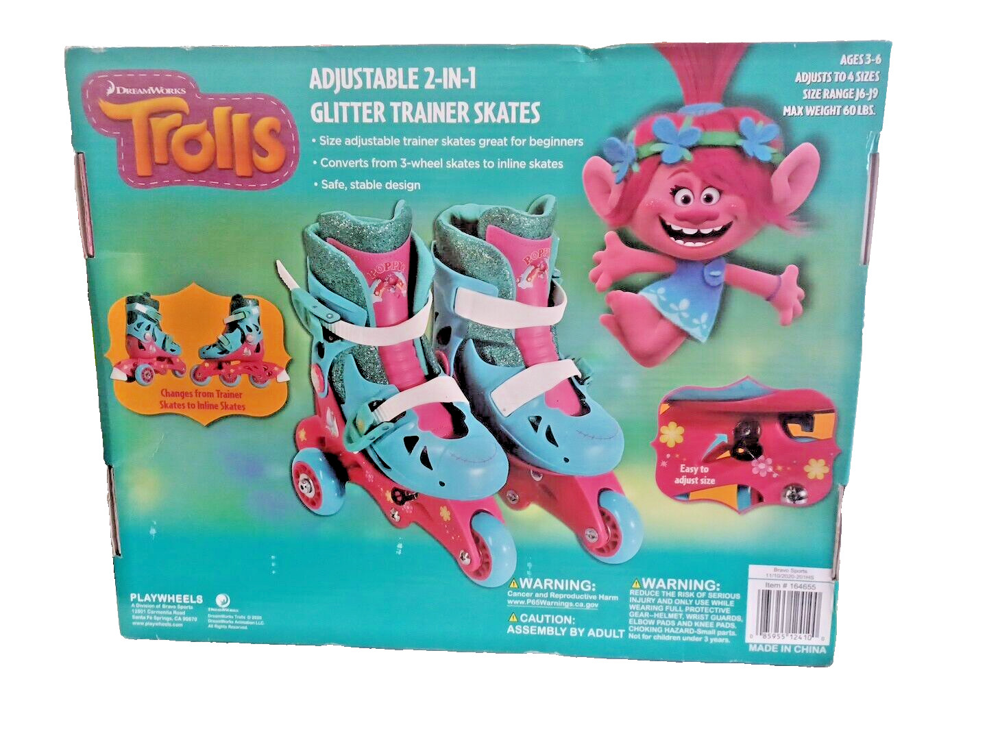 PlayWheels Trolls Glitter Convertible 2-in-1 Skates, size j6