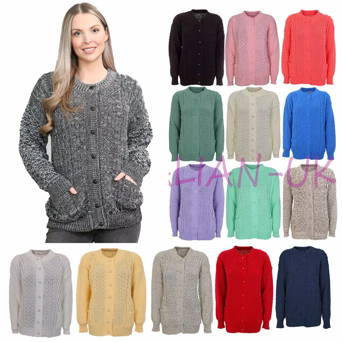 Ladies Womens Winter Chunky Cable Knit Long Sleeve Aran Crew Neck Warm  Cardigans