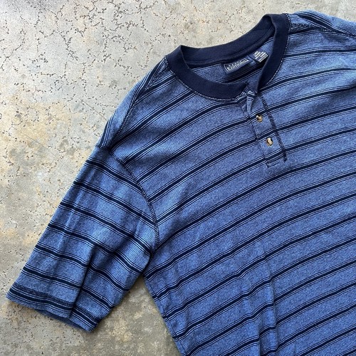 Vintage 90s Grunge Oversized Black Blue Striped Henley Boxy T Shirt Large - Picture 2 of 5