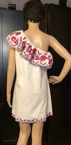 Parker White Cotton Dress Size S, Embroidery Ruffle One Sleeve Shift $298 NWT - Picture 4 of 9