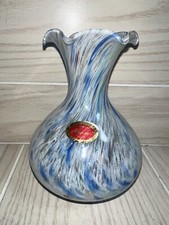 Vintage Lavorazione Arte Murano Hand-blown Blue Splatter Vase with Ruffled Rim