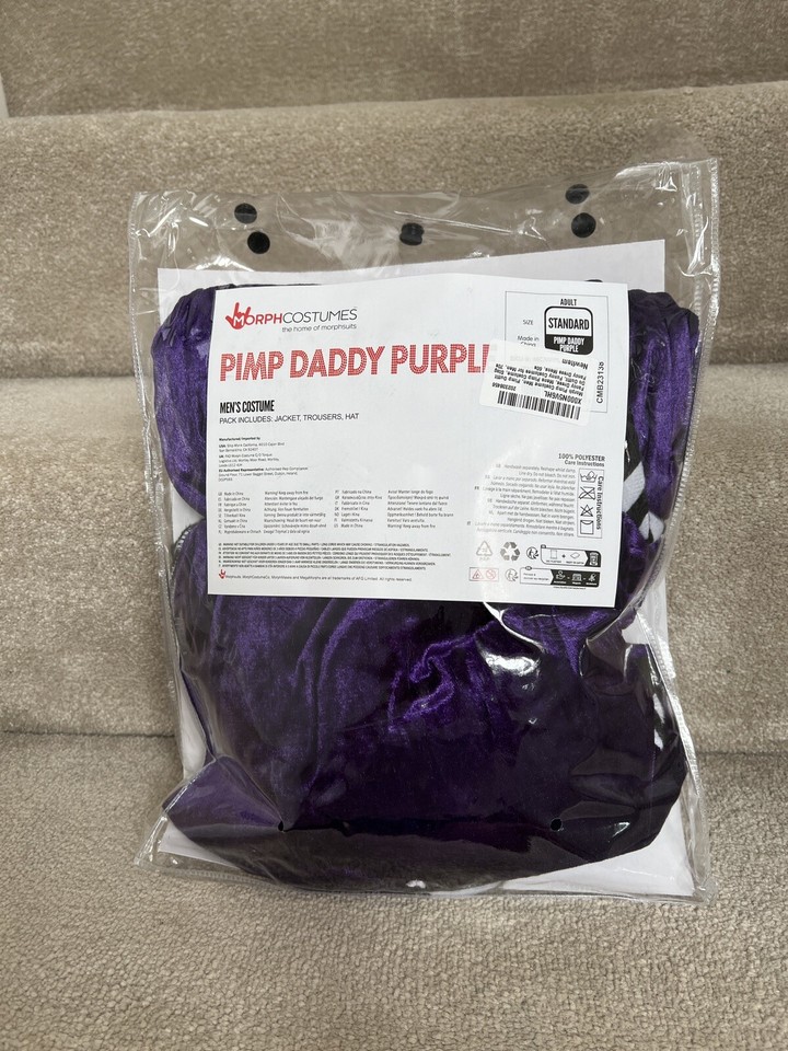 Men`s Purple PIMP DADDY Fancy Dress Costume + Hat Velvet Suit *WORN