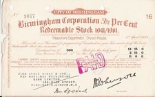 CITY OF BIRMINGHAM Apr 1929 Redeemable Stock Paid Cancel Statement Slip Rf 46010
