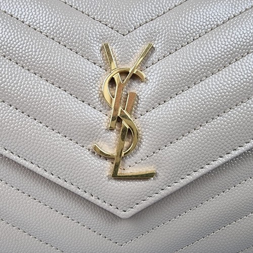 SAINT LAURENT Cassandre Envelope Dark Beige Grained Leather Chain Wallet New - Picture 9 of 11