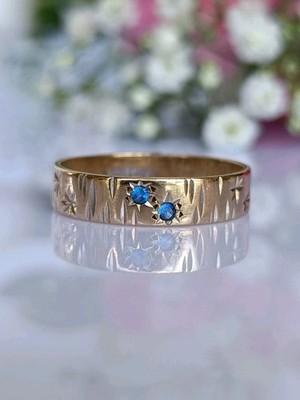Vintage 9ct Gold & Blue Spinel MY VALENTINE etched Band Ring Size 5.5 US Or K UK