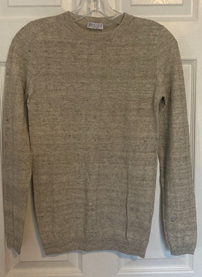 Brunello Cucinelli Linen Ribbed Knit Crew Neck Gold Metallic Sweater S
