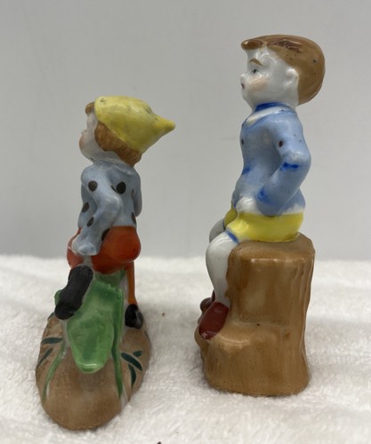 Rare Vintage Occupied Japan Pixie Elf Gnome Figurine Praying Mantis & Boy On Log - Picture 2 of 8