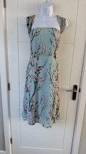 Boohoo Occasion Mint Green Pink Blossom Floral Square Neck Midi Dress M UK 14 B1
