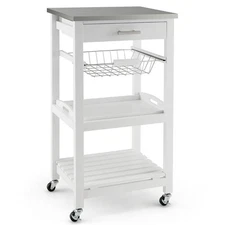 Compact Kitchen Island Cart Rolling Service Trolley with Storage Basket