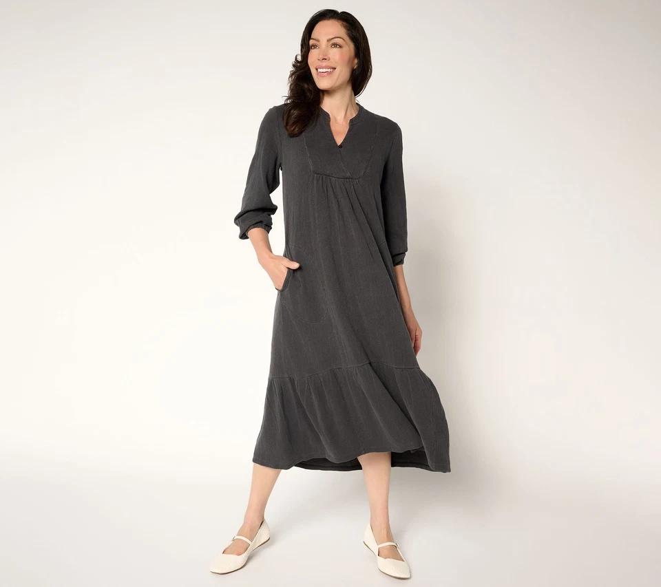 LOGO by Lori Goldstein Lavish Petite 100% Cotton Midi Dress Phantom S New - Image 1 of 1