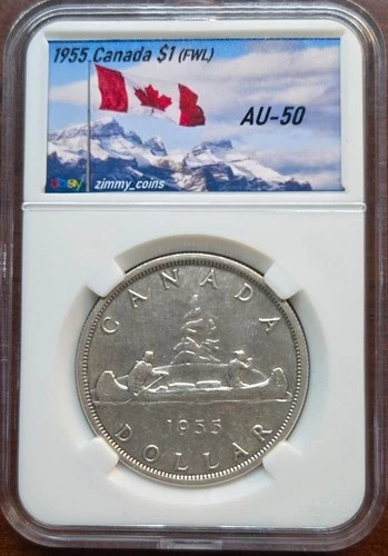 1955 Canada Silver (.800) Dollar • FWL • AU-50 • Semi-key Date • Custom Slab!