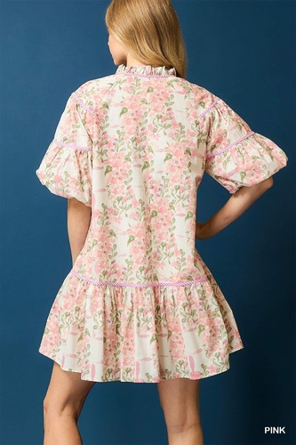 Umgee Women's Floral Tie Neck Pleated Ruffle Hem Mini Dress in Pink - Picture 4 of 5