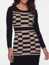 Nine West Black and Tan Checker Long-Sleeve Dress