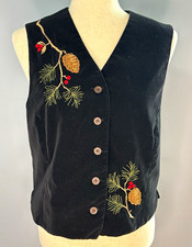Vintage Orvis Embroidered Black Velvet Vest Size M Pinecone Cabin Made in USA