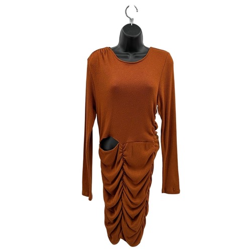 Walter Baker Ruched Cutout Ribbed-Knit Mini Dress WMN L Brown #W6596 Long Sleeve - 第 1/12 張圖片