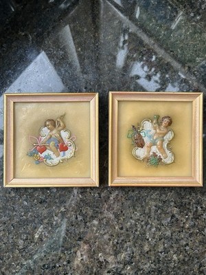 Vtg Wax Art Painting Framed Set 2 Gautsch Cupids Germany 40 s-60 s Excellent
