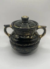 Mid Century 22K Gold Filigree Black Ceramic Sugar Bowl USA