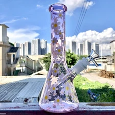 10 Inch Pink Daisy Glass Bong, Water Smoking Pipe with Percolator Daisy
