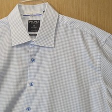 Proper Shirtings Mens 19 36-37 Dress Shirt Blue White Grid Cotton Wrinkle Free
