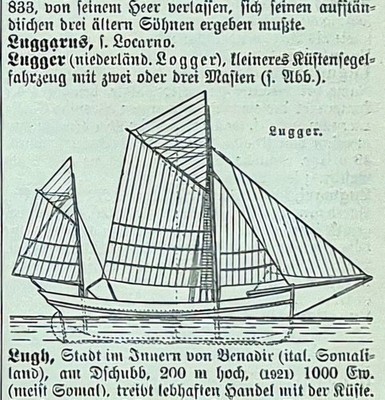 Alte Lithografie, Lugger-Segelschiff, Schiffstyp, um 1923, Schifffahrt & Nautik