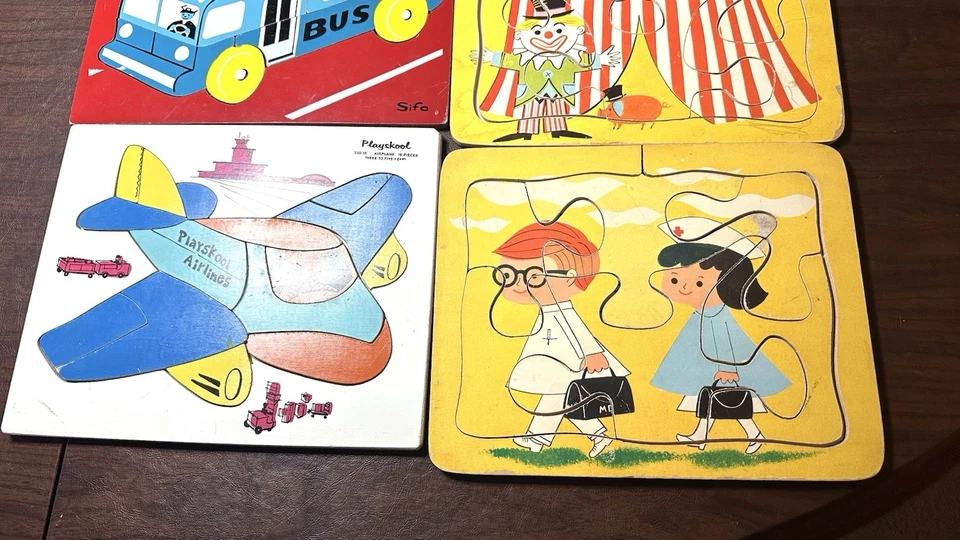 Conjunto de 6 quebra-cabeças infantis antigos de madeira e 1 de plástico para crianças Playkool Outros - Imagem 2 de 4