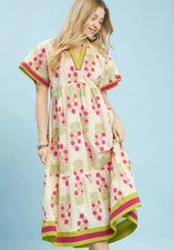 Umgee Midi Dress Cotton Ecru Floral V-Neck Contrast Trim Ruffle Short Sleeve