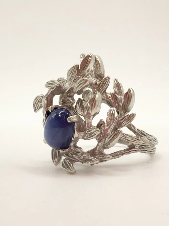 STUNNING 14k White Gold & Natural Blue Star Sapphire Tree Branch Leaf Ring Sz 6 - Image 2 of 4