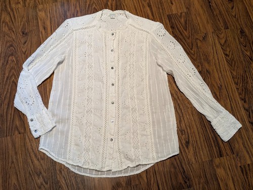 SUNDANCE CATALOG M white broderie anglaise eyelet embroidered lace shirt top 5I - Picture 2 of 13