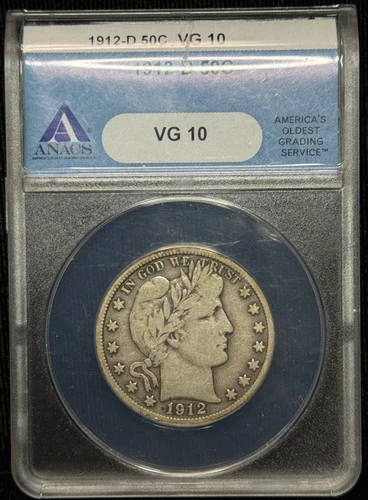 1912 D - ANACS VG 10 - Silver Barber Half Dollar 50C Coin
