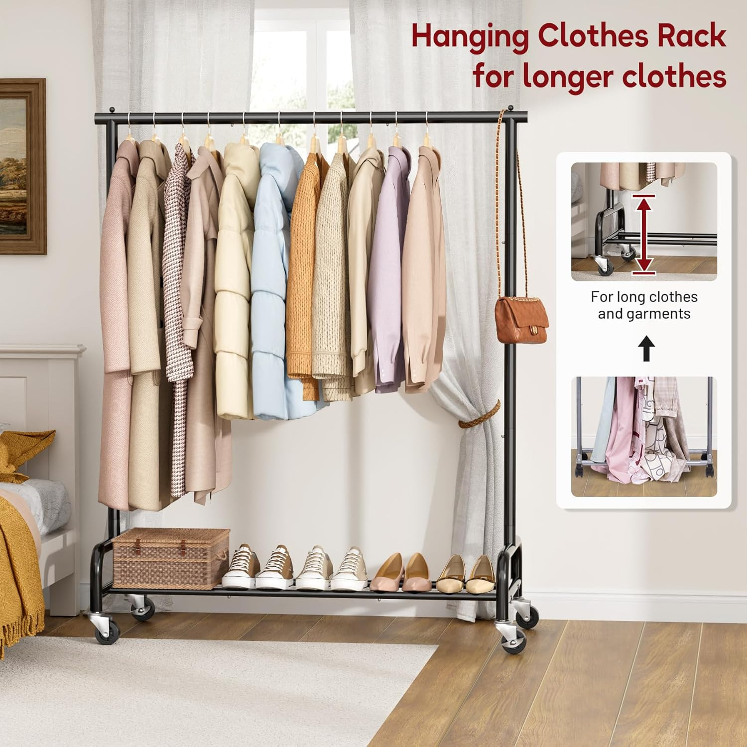 43" Wide Heavy Duty Rolling Garment Rack, Clothing Rack for Hanging