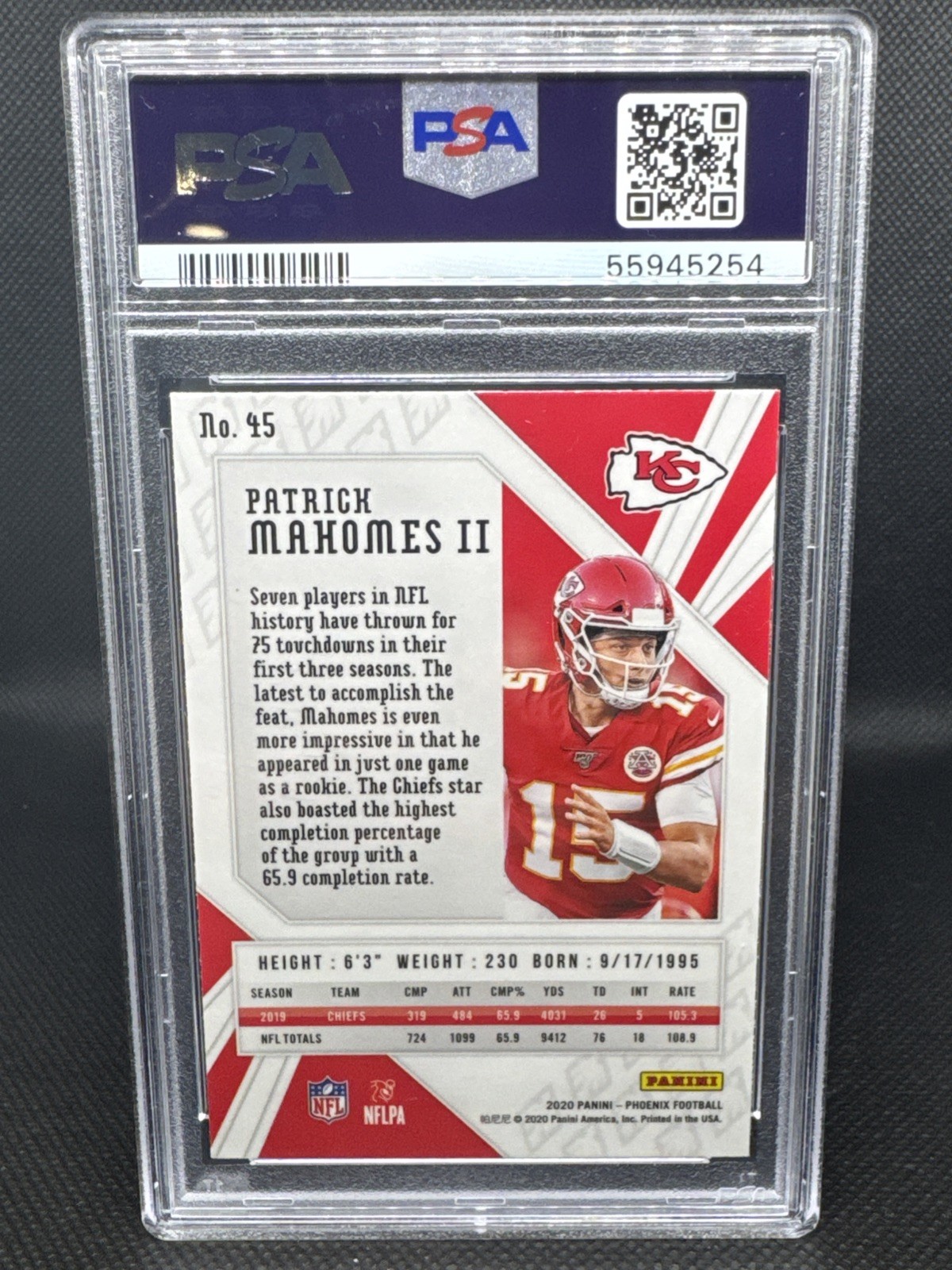 2020 Panini Phoenix Patrick Mahomes II Fire Burst #45 Chiefs PSA 10 GEM MINT view 2