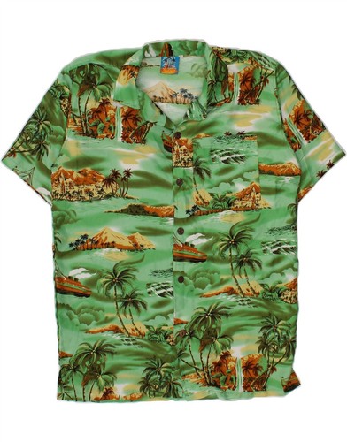 VINTAGE Herren Hemd Abstraktes Muster Kurzarm Medium Grün Polyester CA14