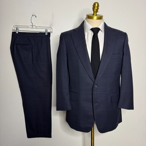 Norman Hilton Vintage Men's 40S Blue Wool Two-Piece Suit 30W Pants Check