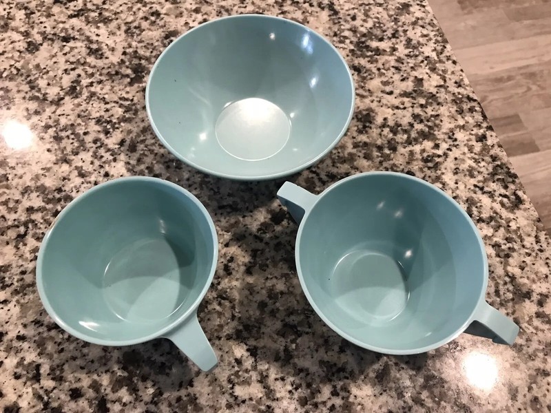 Vintage Melmac Mallo Ware 37 Cup 40 Sugar 413 Bowl Lot Of 3 Blue Aqua