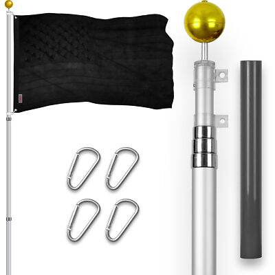 Combo: 16 Ft Telescoping Flagpole Silver & USA All Black Flag 3x5 Ft Emb 210D