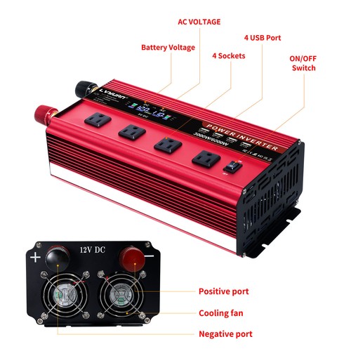 3000W rated Power Inverter DC 12V to AC 110V 120V Converter Car Camp 4*USB - Picture 12 of 15