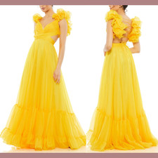 NWT $598 Mac Duggal [ 2 ] Ruffle Tiered Cutout Chiffon Gown Sunshin Yellow G1316